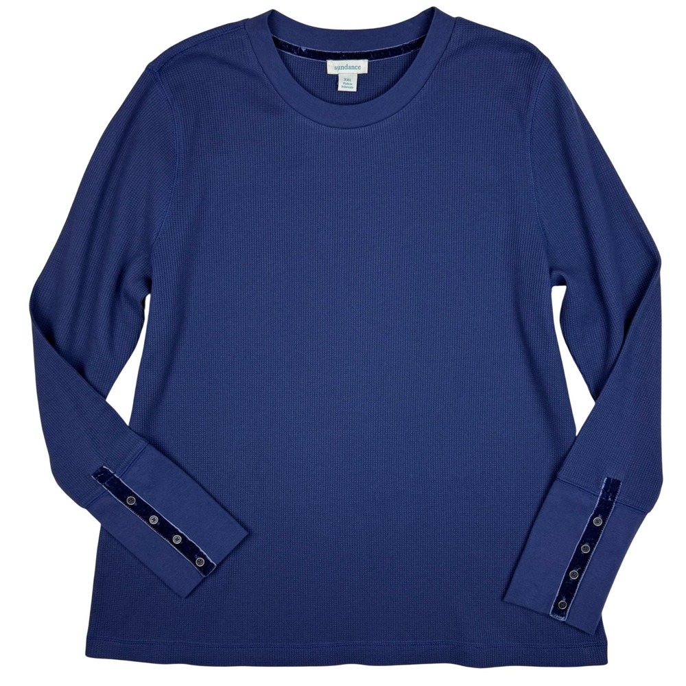 Sundance Waffle Knit Button Cuff Top Women XXL Blue Thermal Crewneck Minimalist